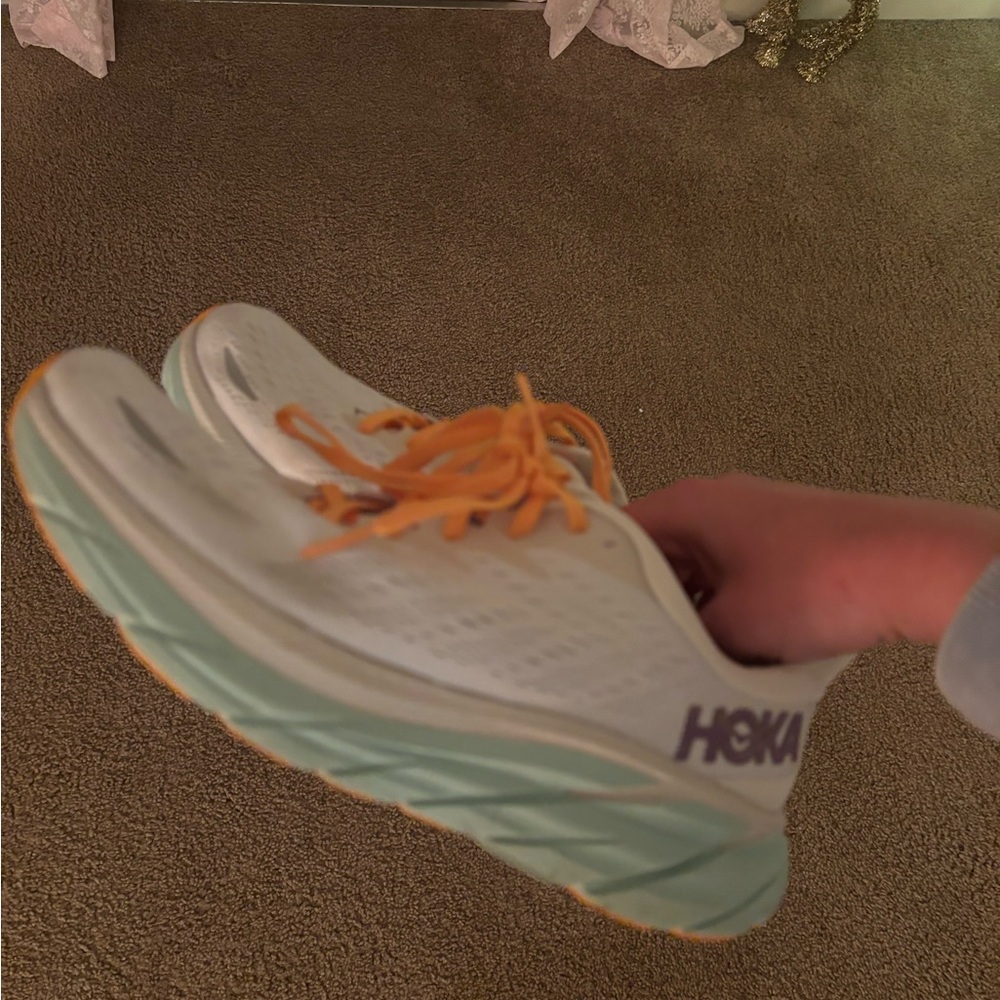 NEW Hoka White and Light Green Sneakers with Orange Laces
